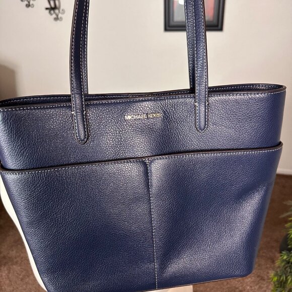 Michael Kors Logo Navy Blue Leather Tote Bag Purse | Dual Handles Front Pockets - Picture 8 of 15